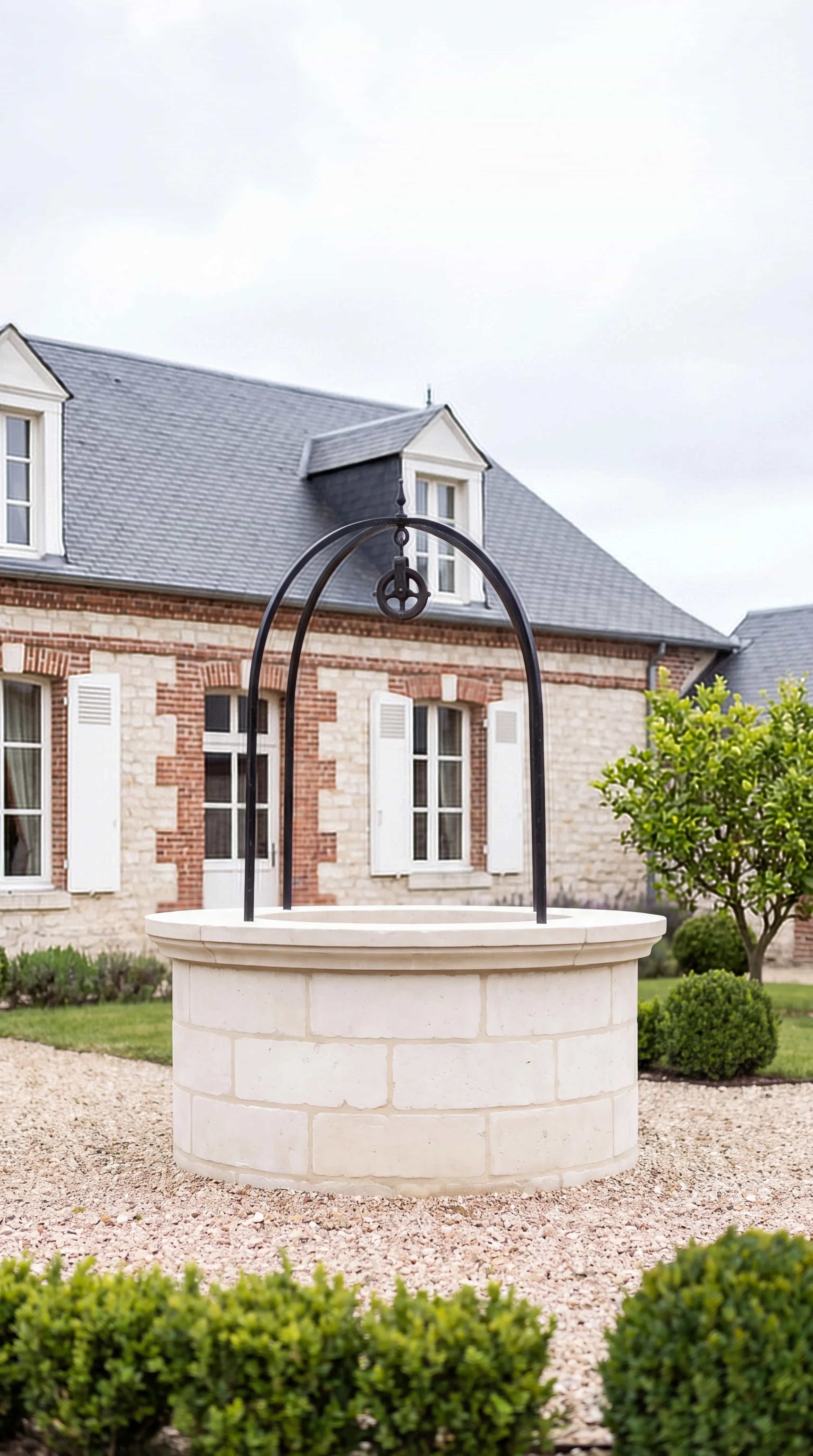 Puits en pierre de craie restauré, avec sa potence en fer forgé, dans la cour d’une maison de la Marne