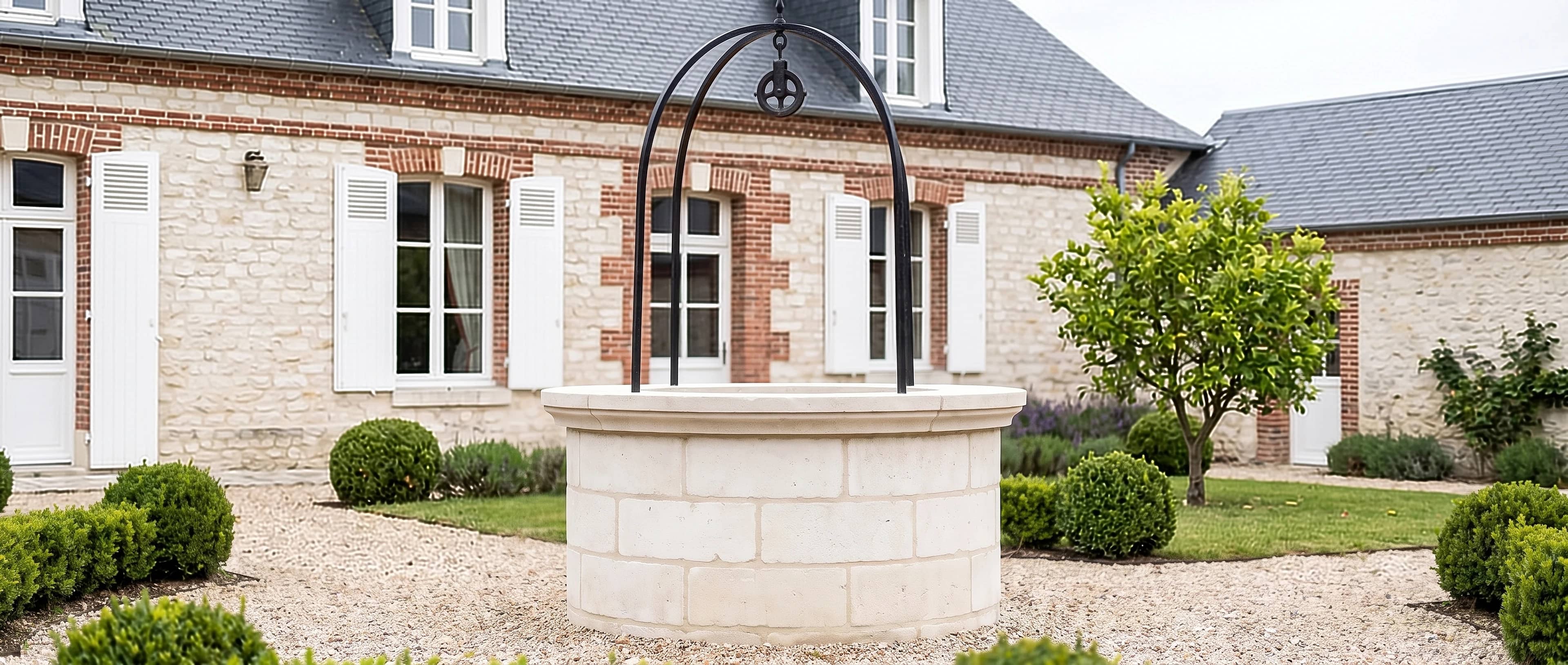 Puits en pierre de craie restauré, avec sa potence en fer forgé, dans la cour d’une maison de la Marne